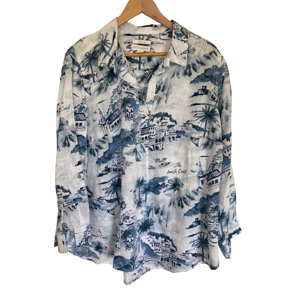 Cynthia Rowley Amalfi Coast Toile 100% Linen Shirt Blue White Plus Size 2X